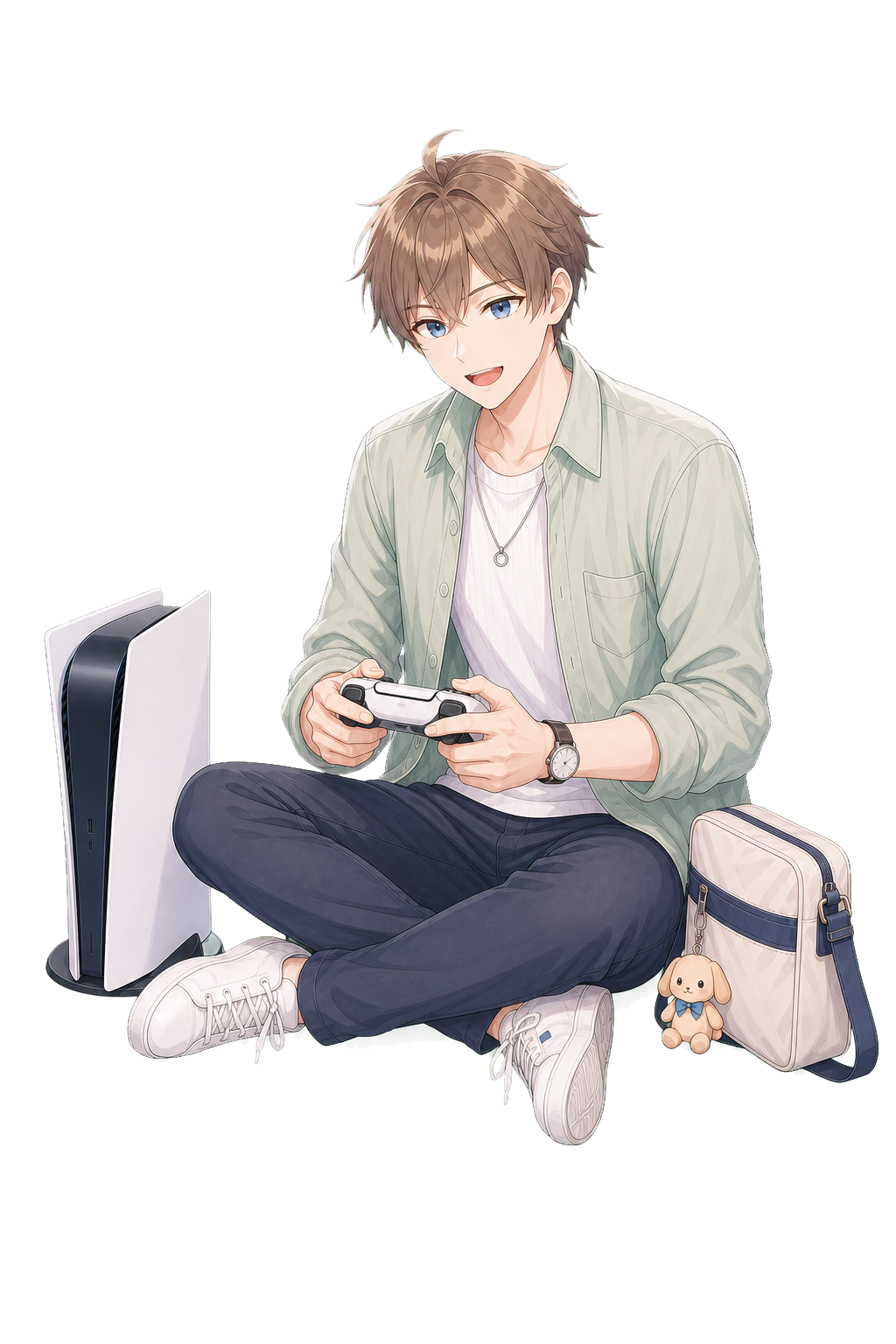 Haru 坐着玩游戏的动作