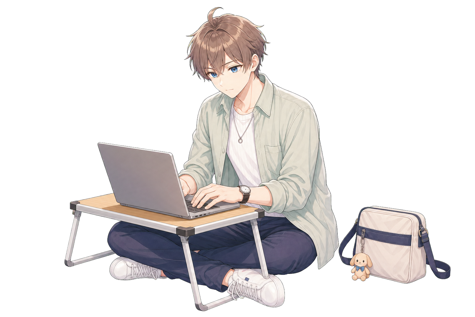 Haru 使用笔记本电脑工作的动作